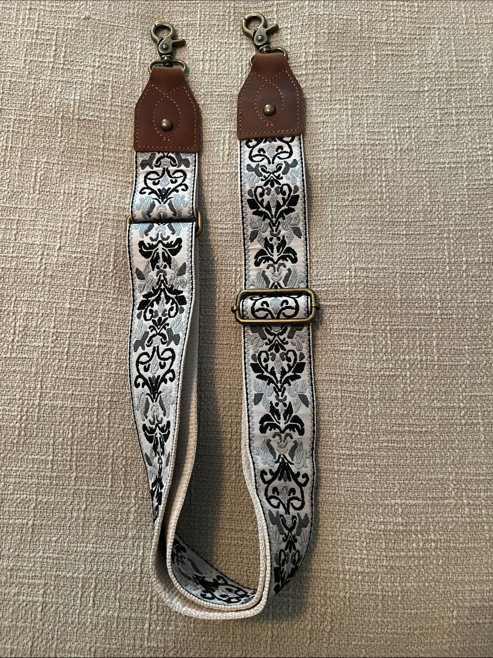 Decorative Black, Grey & White Jacquard Bag Strap with Tan Leather Ends